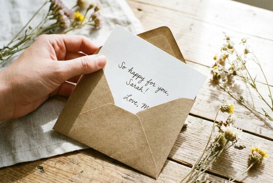Hands opening a brown envelope revealing a handwritten greeting card with a congratulatory message