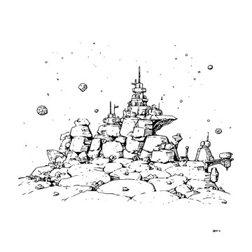 Space Station on Rocky Planet Surface in Black and White