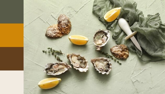 Delicious fresh oysters with lemon and thyme on light green background, top view. Different color patterns