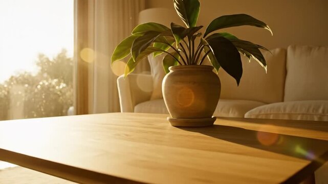 A serene living room with a plant on a wooden coffee table in a video showcasing modern home decor