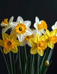 Fototapeta premium A close-up shot of bright yellow and white daffodils with dark green leaves against a black background.