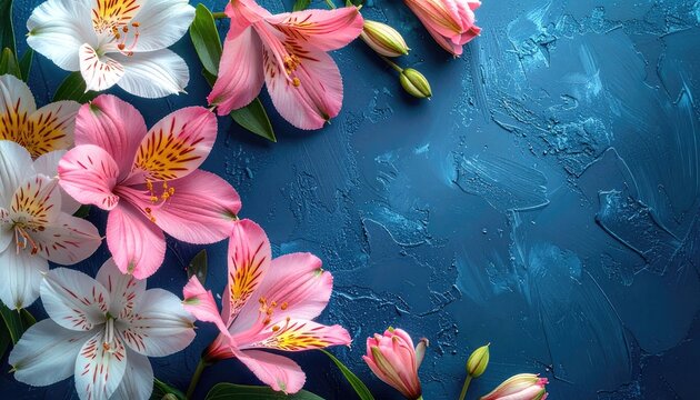 Delicate alstroemeria flowers in pink and white are artfully arranged against a textured deep blue background.