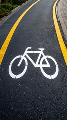 Fototapeta premium A white bicycle symbol is painted on an asphalt bike lane.