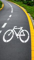 Obraz premium A white bicycle symbol is painted on a dark asphalt bike lane with dashed white lines and a yellow border.