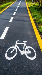 Obraz premium A dedicated asphalt bike path with clear lane markings and a prominent bicycle symbol.