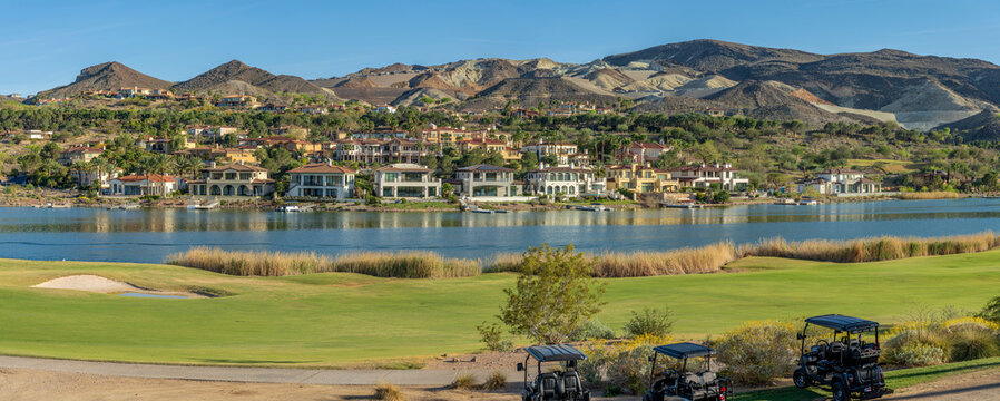 Panoramic view of lake Las Vegas neighborhood Nevada.