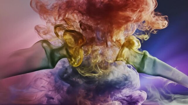 A colorful video showcasing vibrant ink clouds dissolving in water with a beautiful gradient background