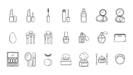 Fototapeta premium Cosmetic And Beauty Product Icon Set Featuring Skincare Makeup And Personal Care Essentials For Retail Branding E Commerce Packaging And Digital Marketing Design