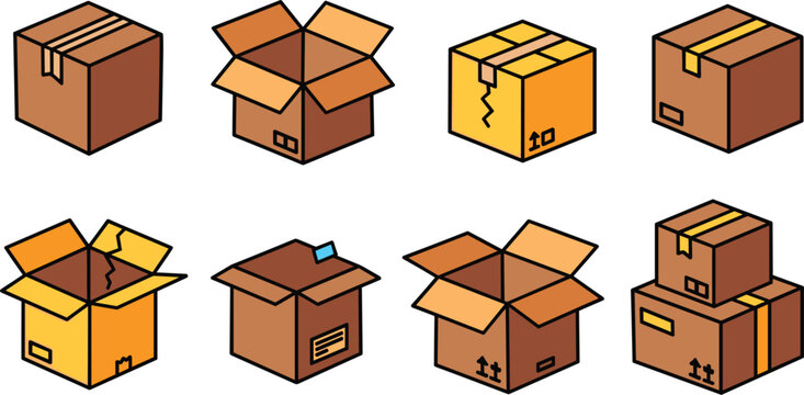 Cardboard Shipping Boxes Icons Set with Open Closed Packed and Stacked Packages Vector Illustration for Delivery Storage Moving and Packaging Design