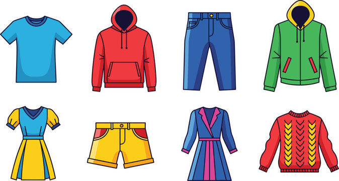 Clothing and Fashion Apparel Icons Set with T Shirt Hoodie Jacket Dress Shorts Jeans and Sweater Vector Illustration for Retail and Outfit Design
