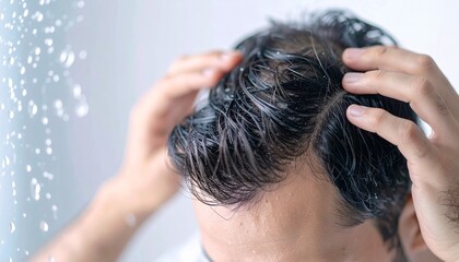 Fototapeta premium Close-up of Man's Hands Touching Hair to Inspect Male Pattern Baldness