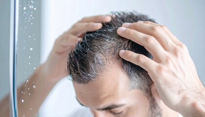 Naklejka premium Close-up of Man's Hands Touching Hair to Inspect Male Pattern Baldness