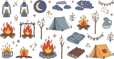 Camping night elements collection with campfire tent lantern marshmallow moon stars outdoor adventure cartoon vector illustration set isolated on white background © MdRezaul
