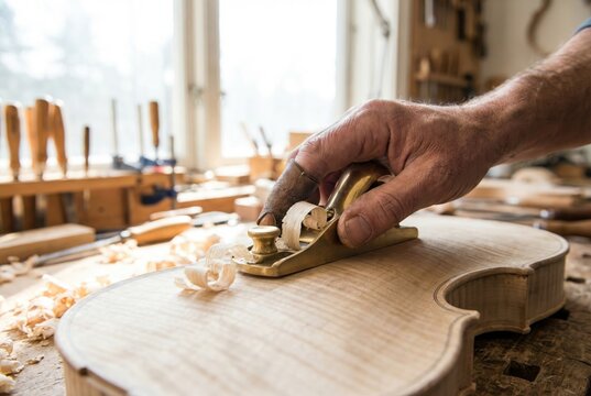 Luthier wearing a leather thumb protector using a small brass block plane to carve the wooden back of a violin