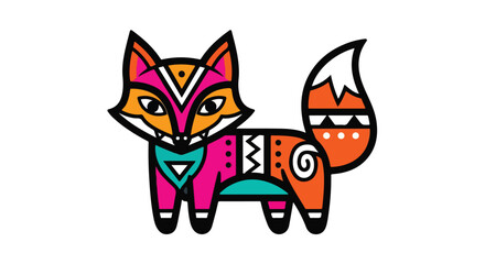 Fototapeta premium Vibrant, stylized illustration of a fox with animal spirits tribal patterns in a colorful, whimsical design on a white background