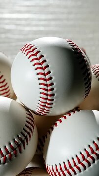 Group of white leather baseballs with red stitching stacked together in close-up