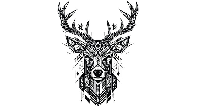 Tribal deer spirit vector, abstract fragmented style, broken geometric shapes forming animal face, mixed tribal elements, modern artistic composition, edgy vector style