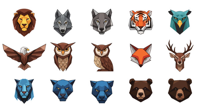 Geometric tribal animal spirits vector bundle, 9 animals (lion, wolf, tiger, eagle, owl, fox, deer, panther, bear), clean shapes, sharp angles, minimal color palette, strong negative space, modern log