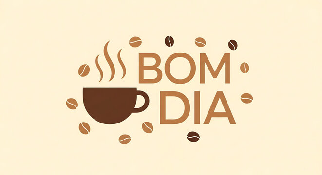 A vector graphic illustration of a steaming coffee cup with coffee beans and the phrase 'Bom Dia' in a modern flat design style