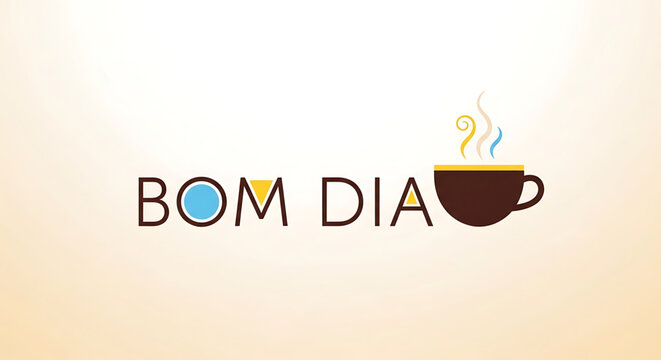 A vector graphic illustration of a steaming cup of coffee with the phrase 'Bom Dia' in a modern flat design style