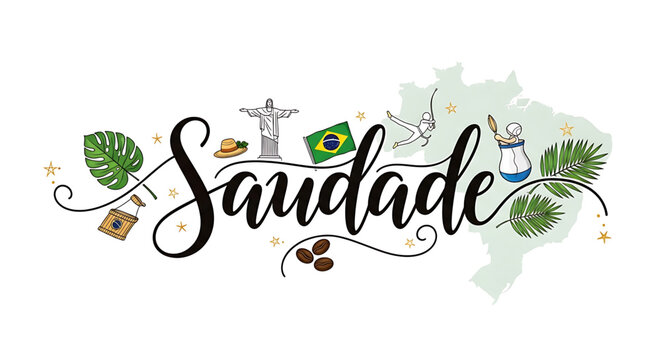 A vibrant vector graphic illustration of the word Saudade surrounded by Brazilian cultural icons and symbols.