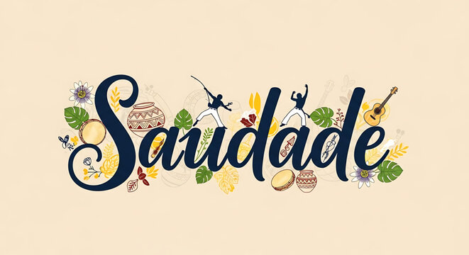 A vibrant vector graphic illustration of the Portuguese word Saudade surrounded by colorful flowers, leaves, and cultural icons.