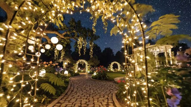 Enchanted Garden Pathway with Fairy Lights and Starry Night Sky