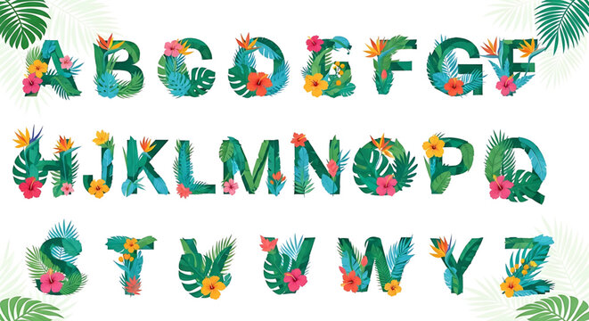 A colorful and vibrant floral alphabet illustration featuring tropical leaves and flowers on a white background