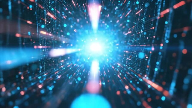Vid&eacute;o abstraite d'un cyberespace avec des flux de donn&eacute;es bleus lumineux et un effet bokeh. Concept technologique futuriste pour stockage cloud, l'intelligence artificielle et le transfert s&eacute;curis&eacute;