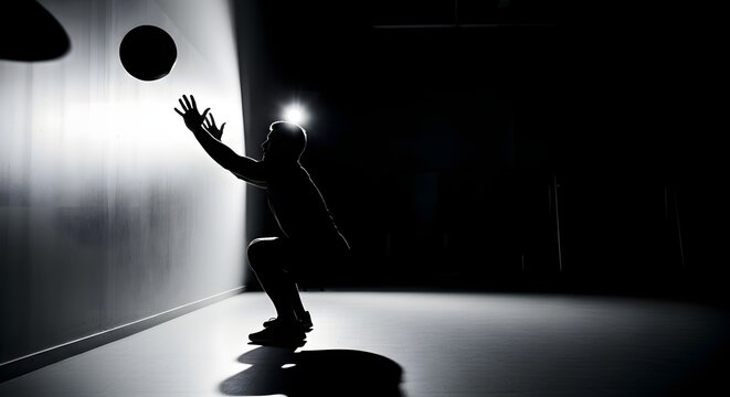 Dynamic Wall Ball Squat Silhouette with Headlamp in Dramatic Gym Lighting