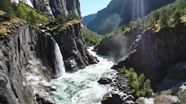 Fast Flowing River Waterfall in Mountainous Canyon During Daylight