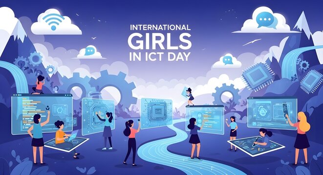 A vibrant digital illustration celebrating international girls in ict day with women in technology
