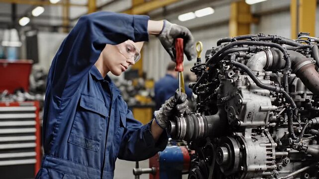 Female Mechanic Working on Engine in Factory with Safety Glasses and Blue Jumpsuit