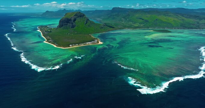 Aerial view of Underwater waterfall in a coral reef with turquoise water. Island Mauritius in the Indian Ocean
