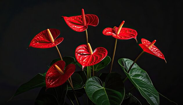 Vibrant red anthurium flowers bloom against a dark, moody background, showcasing their unique spathes and spadices.