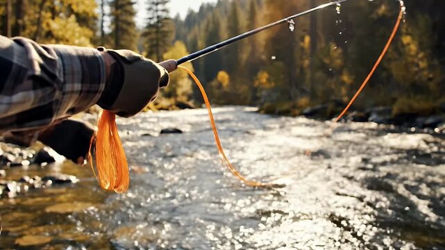 Fly Fishing in a Sun Drenched Forest River with Autumn Foliage