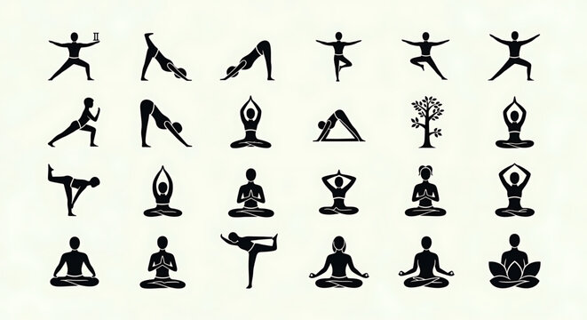 A set of black silhouette yoga icons on a white background, representing various poses and symbols for wellness and meditation.