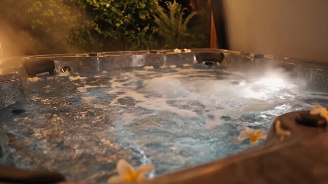 Hot Tub Bubbling With Steam At Night With String Lights Lanterns Candle
