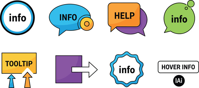 Information and Help UI Icons Set with Speech Bubbles Tooltip Labels Hover Info and Notification Elements Vector Illustration for Web and App Interface Design
