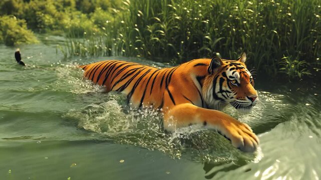 Majestic Bengal Tiger Swimming and Moving Through Lush Green Water in a Tropical Jungle Environment