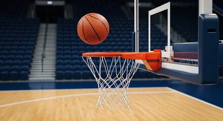 Naklejka premium Basketball dropping into hoop in an empty sports arena