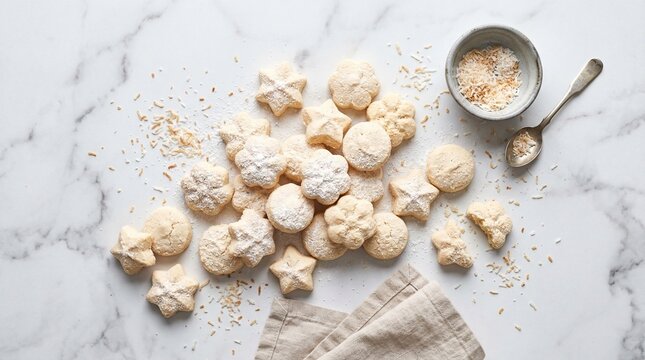Flat lay of airy kue bangkit arrowroot cookies in pastel mound, feather-light crumble texture, scattered coconut flakes, soft shadow play, minimalistic marble surface, commercial stock photo style
