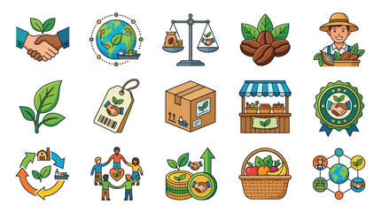 A vibrant collection of icons representing sustainable agriculture, ethical farming practices, and the global impact of eco-friendly food production. © GJ