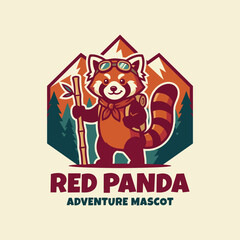 Fototapeta premium An adventurous logo featuring a cute red panda with gear, perfect for outdoor brands or mascots, blending whimsy with a spirit of exploration in a vibrant style.