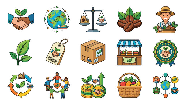 A vibrant collection of icons representing sustainable agriculture, ethical farming practices, and the global impact of eco-friendly food production.