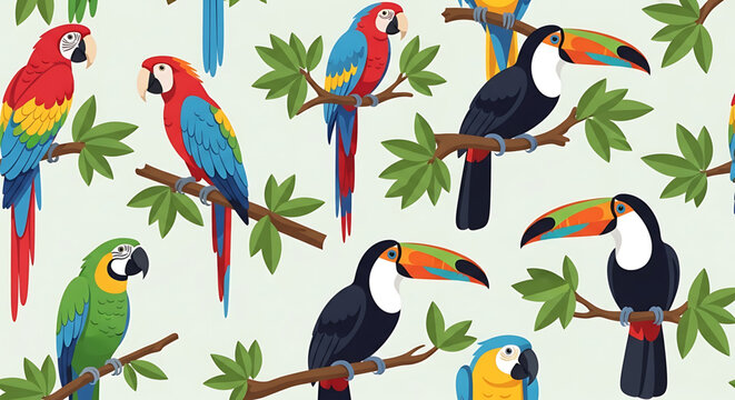 A vibrant vector graphic illustration of colorful parrots and toucans perched on tree branches with green leaves on a light background