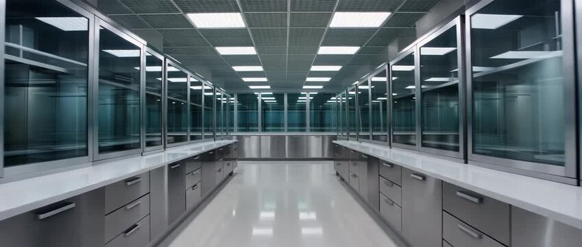 Cinematic video of an empty, modern, sterile laboratory interior. Symmetrical view of a clean, high-tech medical, pharmaceutical, or food science research facility with stainless steel equipment.