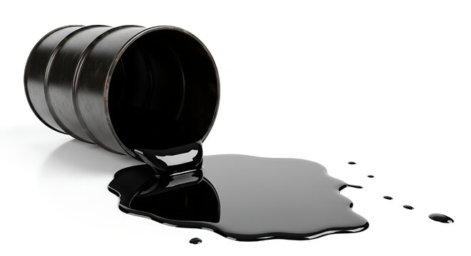 Oil drum leaking black liquid on white background industrial pollution concept