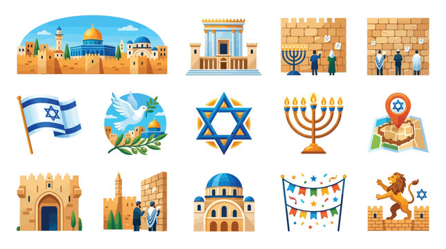 Collection of illustrations depicting iconic Israeli landmarks, symbols, and cultural elements, including the Western Wall, menorah, Star of David, and the Israeli flag.