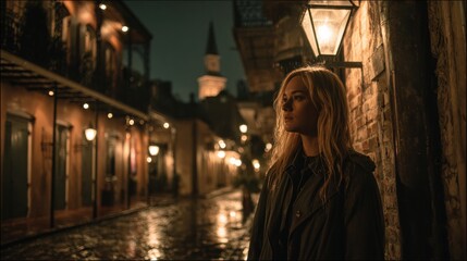 Obraz premium Urban loneliness and introspection A woman stands alone on a wet street at night in New Orleans reflecting on life and seeking solace in the city's quiet moments A moody and atmospheric ambiance.